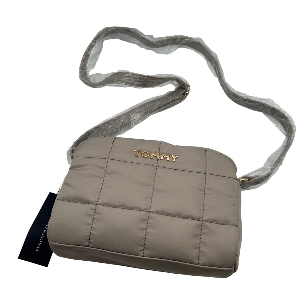 Tommy Hilfiger Crossbody Bag Women's Light Beige Quilted Nylon Top Zip, Small